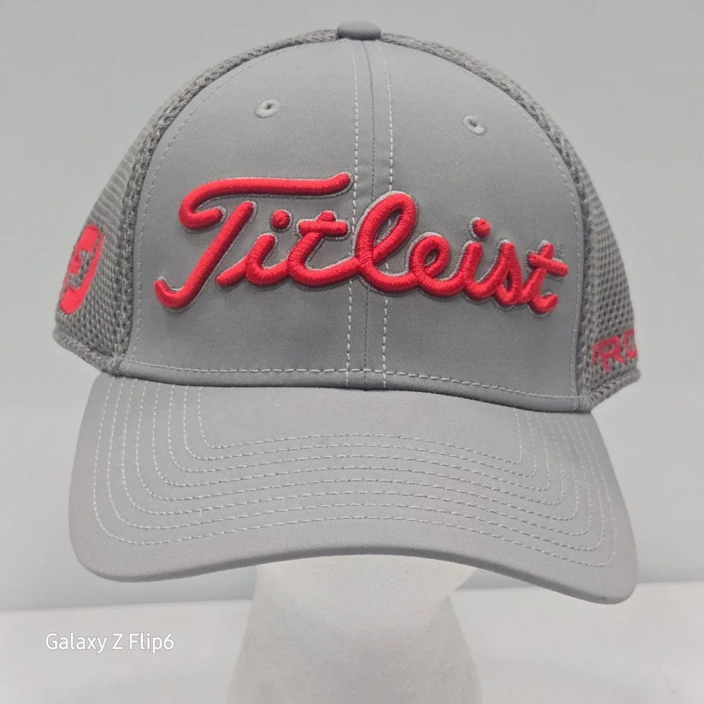 Titleist Golf Hat Gray Red Mesh Back Stretch Fit Pro V1 FJ Logo Cap Mens S/M